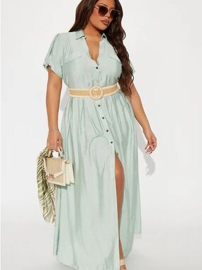 Fashion Nova Mint Button-Front Maxi Shirt Dress